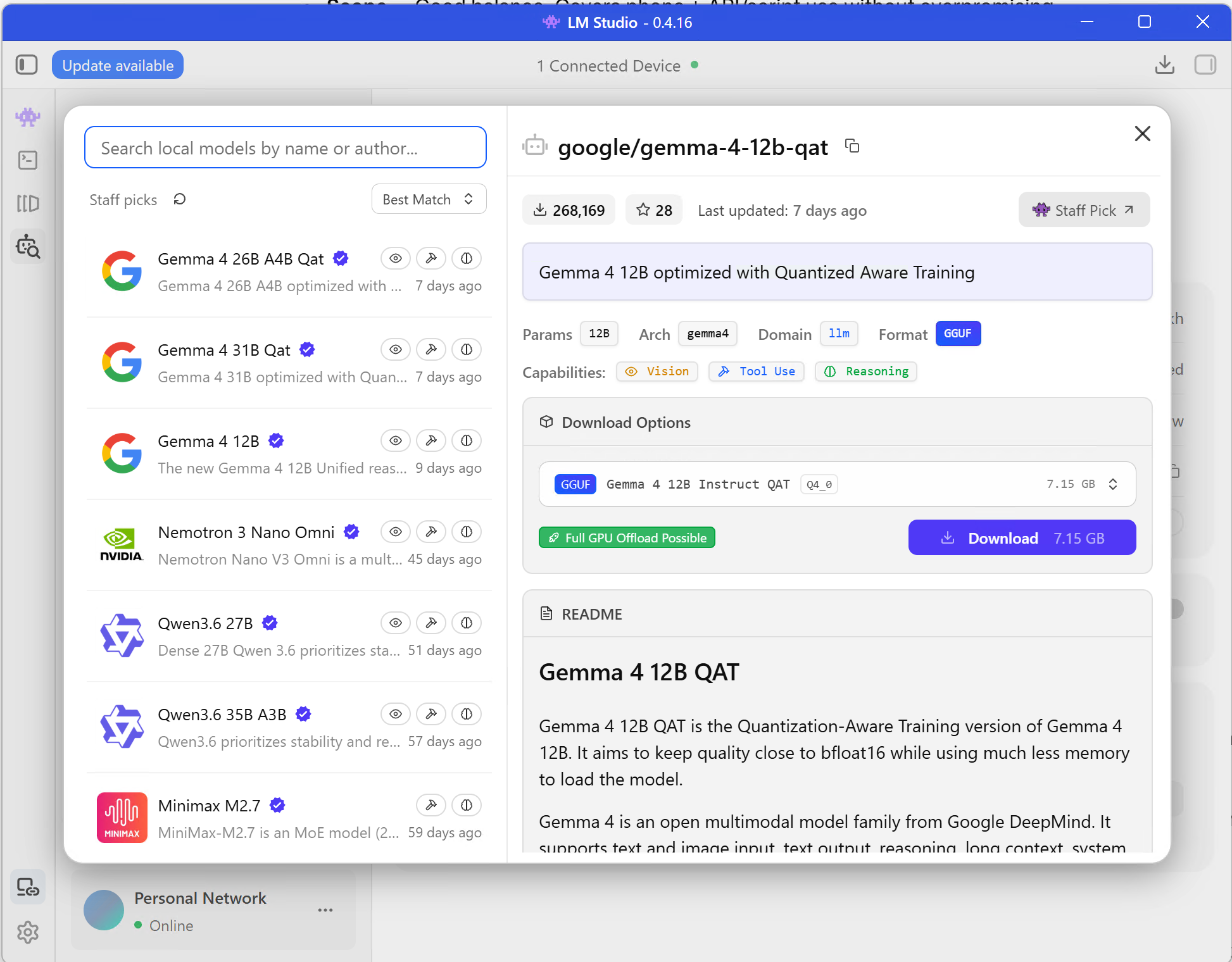 LM Studio showing the Gemma 4 12B QAT model download screen